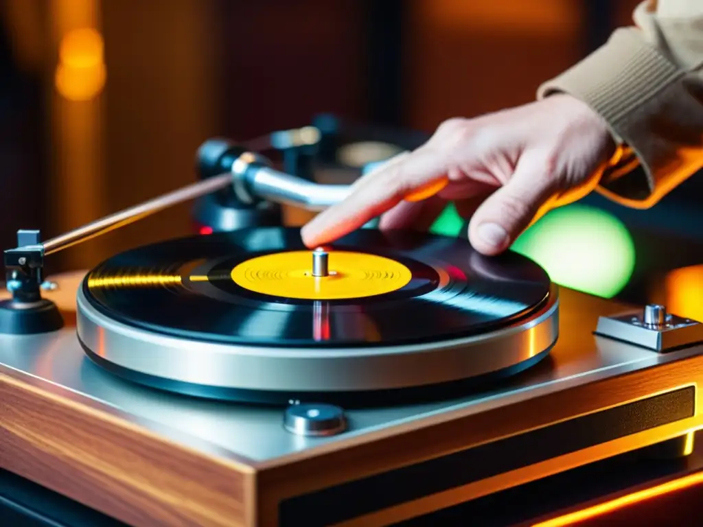 Un DJ experto manipula un giradiscos vintage, mostrando la historia del turntablism como instrumento con detalle y pasión