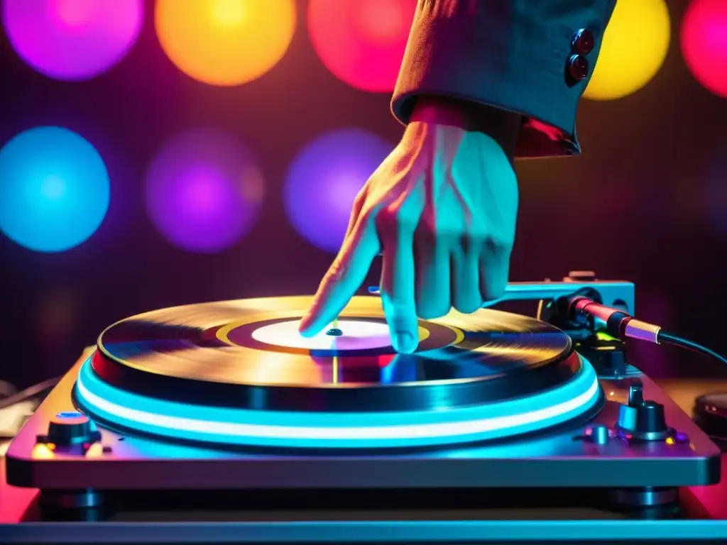 Un DJ experto en turntablism manipula vinilos en un escenario iluminado, capturando la energía del turno