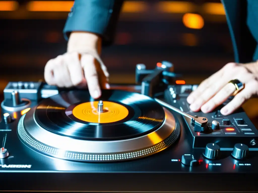 Un DJ experto en acción, mezclando y scratcheando vinilos con precisión