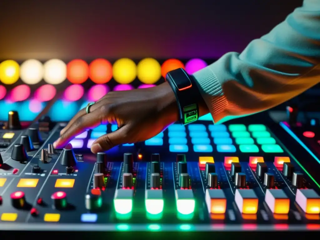 Un DJ manipula una mesa de sonido en un estudio iluminado, creando sonidos únicos en música electrónica