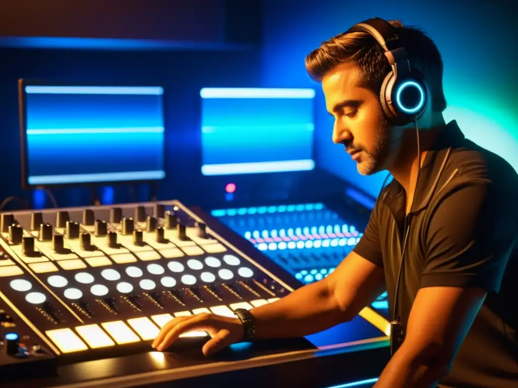 Maestro del sonido: DJ ajusta niveles en estudio de música electrónica DJ ajustando niveles en consola de mezcla, rodeado de equipo electrónico, expresión concentrada
