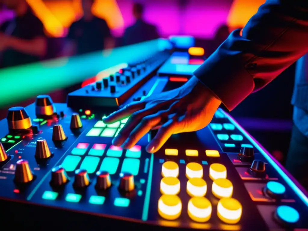 Un DJ manipula con precisión los controles de un mezclador profesional bajo luces vibrantes en una actuación de música electrónica en vivo