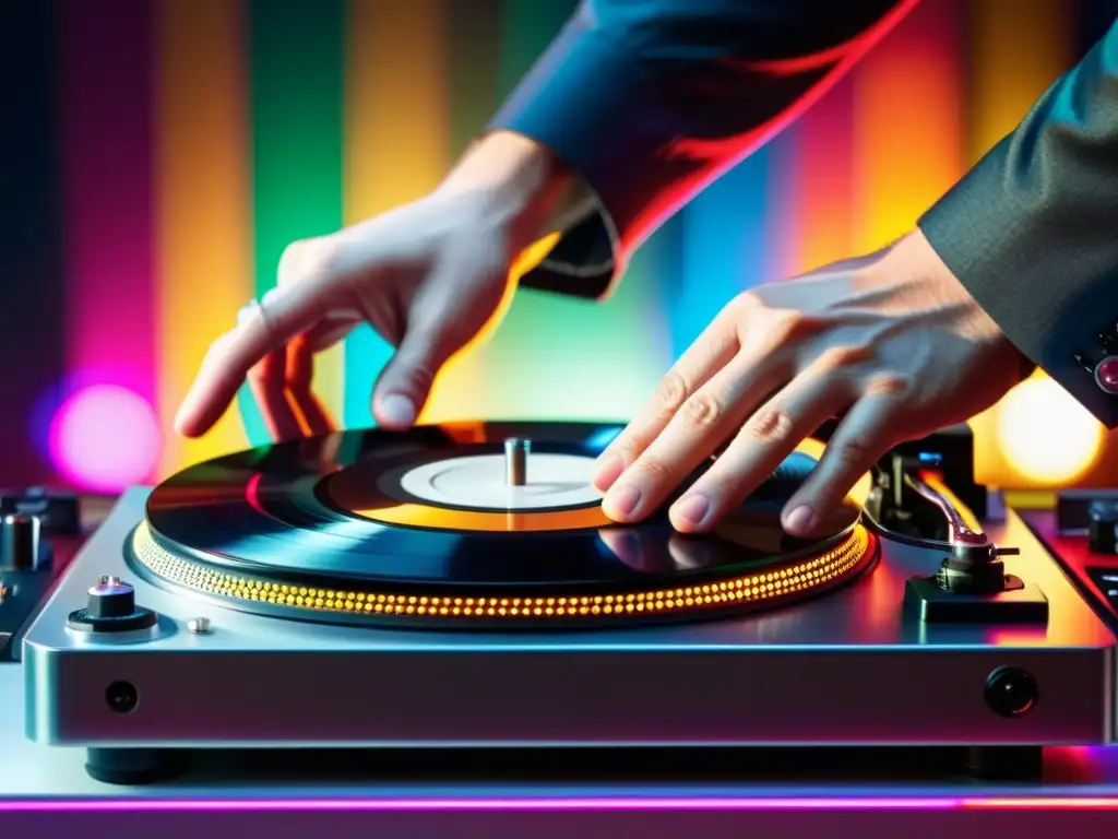 Un DJ coloca con precisión un vinilo en un tocadiscos, con luces vibrantes de escenario