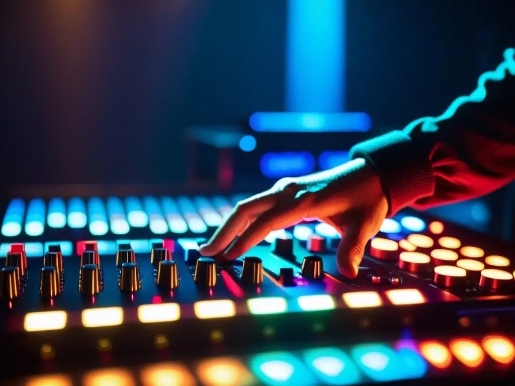 DJ profesional ajustando niveles en consola de mezclas Un DJ profesional concentrado ajustando las técnicas de mezcla música electrónica en un estudio tenue, mostrando pasión y dedicación