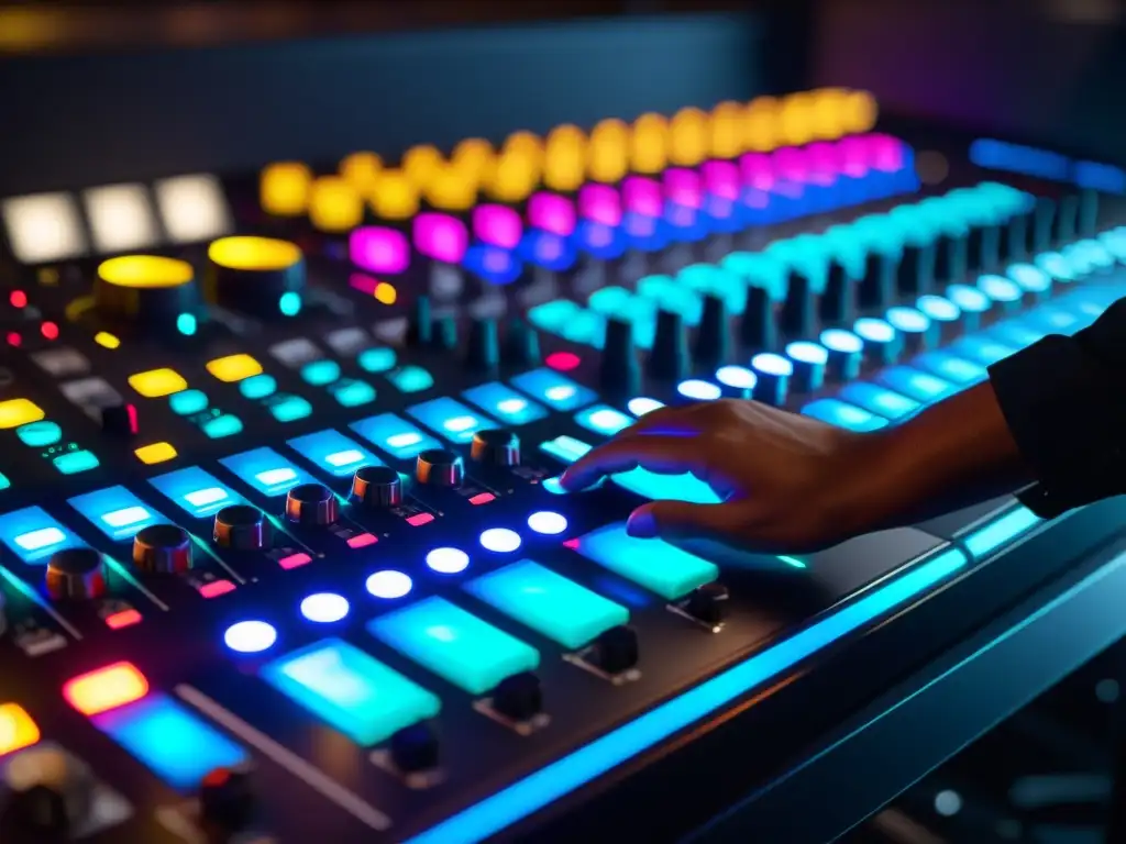 DJ profesional ajustando niveles en estudio futurista Un DJ profesional ajusta los niveles en una consola de mezcla de vanguardia en un estudio atmosférico