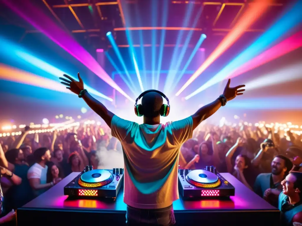 DJ en un mar de luces y energía, haciendo vibrar a la multitud Un DJ rodeado de luces y láseres, con las manos en alto y una multitud animada de fondo, creando una atmósfera vibrante y llena de energía