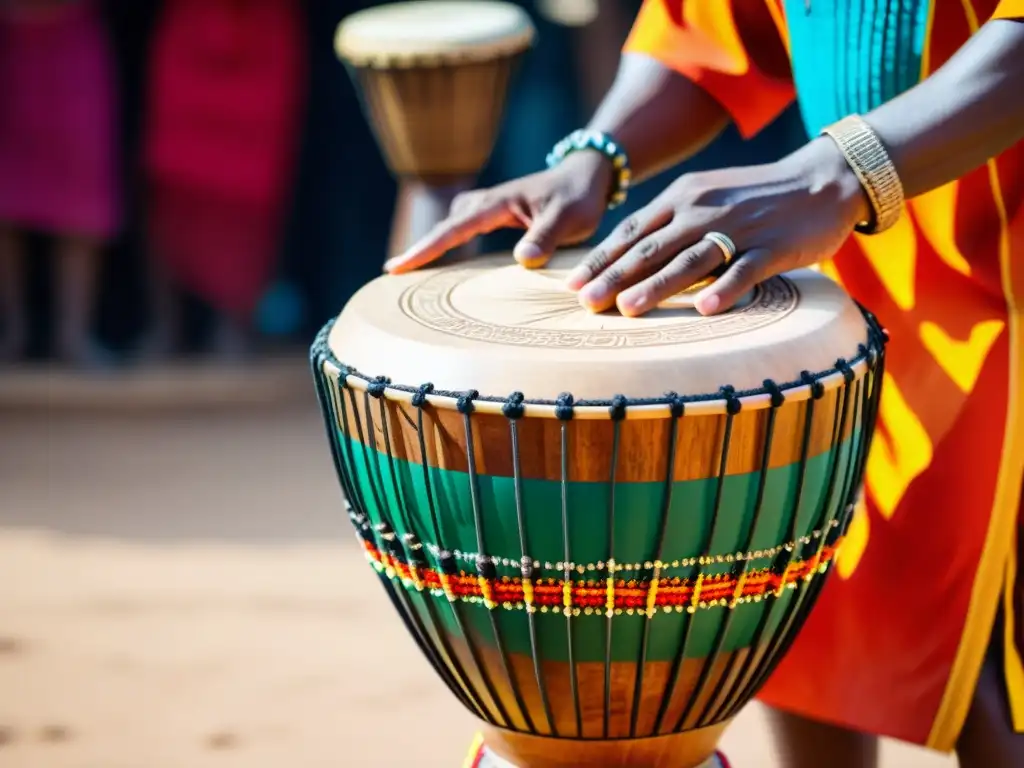 Un djembé africano en medio de una celebración cultural, mostrando el papel del djembé en la diáspora con ritmo y tradición