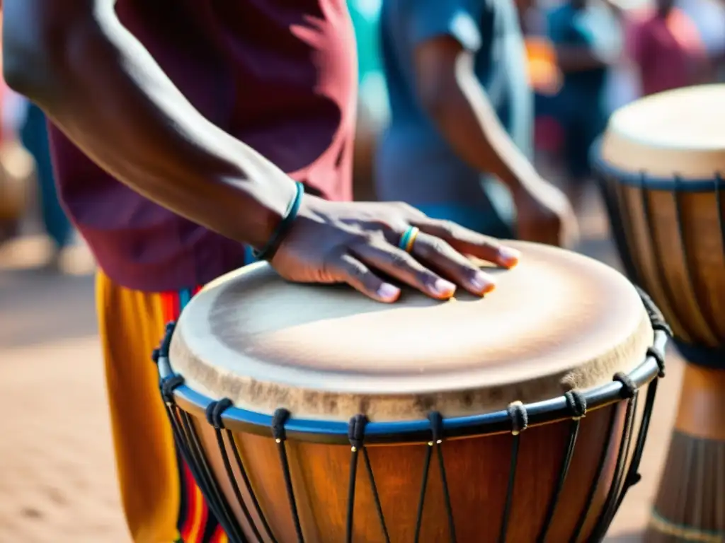 Djembe africano tocado en bullicioso mercado, resaltando importancia histórica de instrumentos de percusión