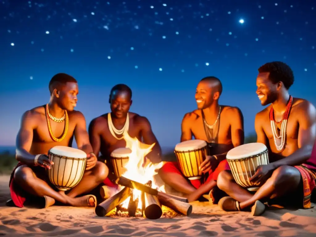 Djembe drums africanos: músicos tocando alrededor de fogata bajo cielo estrellado, evocando tradición y comunidad