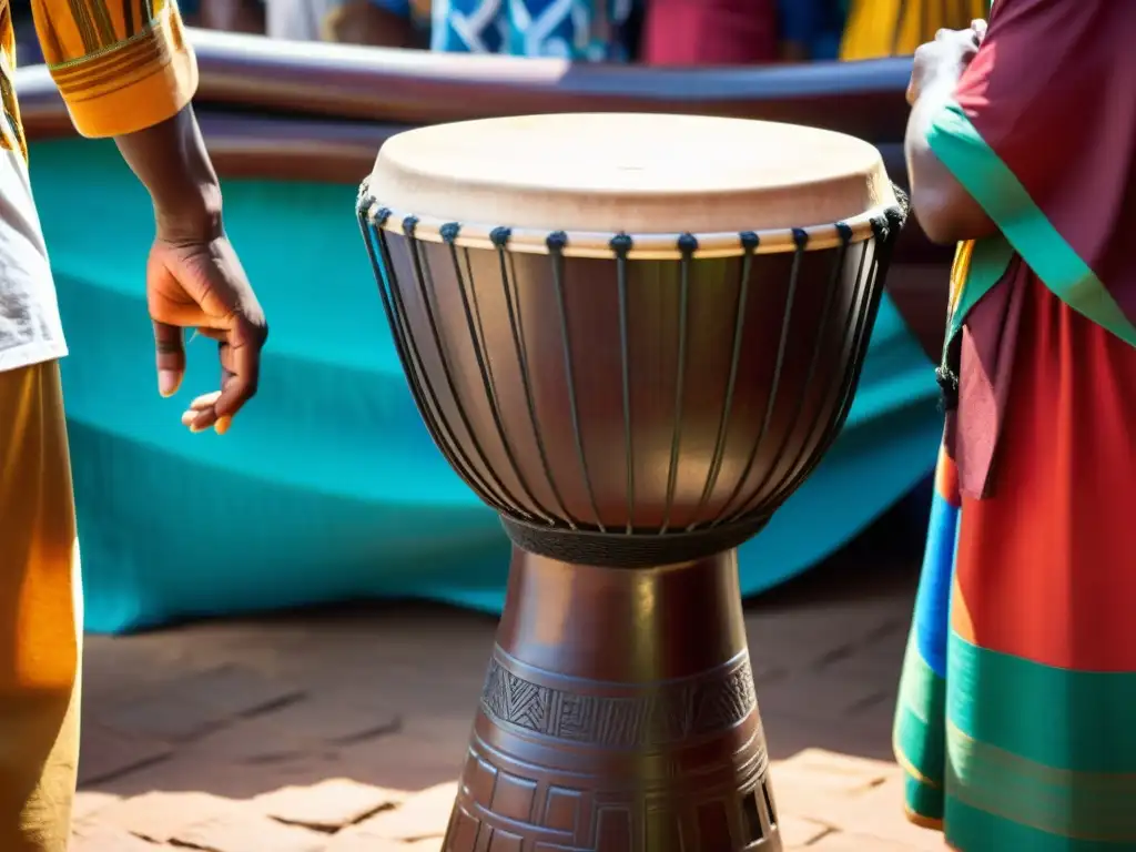 Un djembe tallado en madera oscura en un bullicioso mercado africano