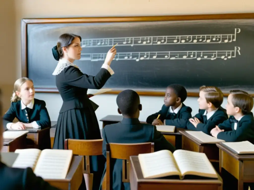 Docente enseñando la importancia del armonio en educación musical a estudiantes en aula del siglo XIX, con atmosfera nostálgica y cálida luz solar