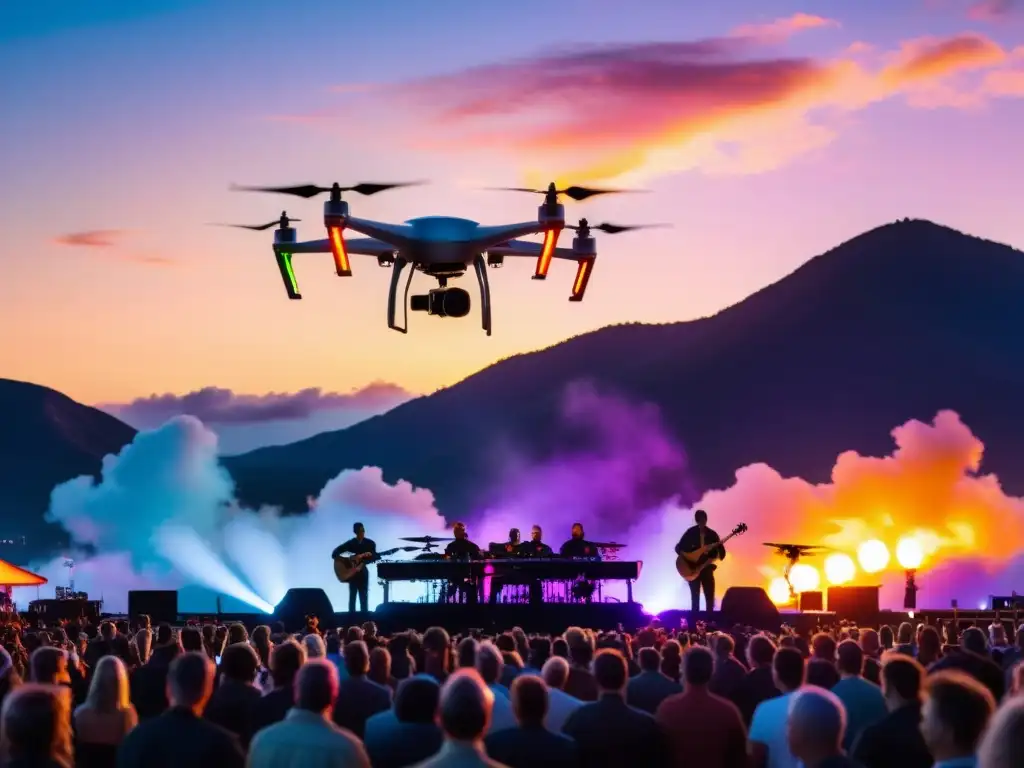 Colaboración aérea música drones: Músicos actúan al atardecer con drones iluminados en el cielo y un público encantado