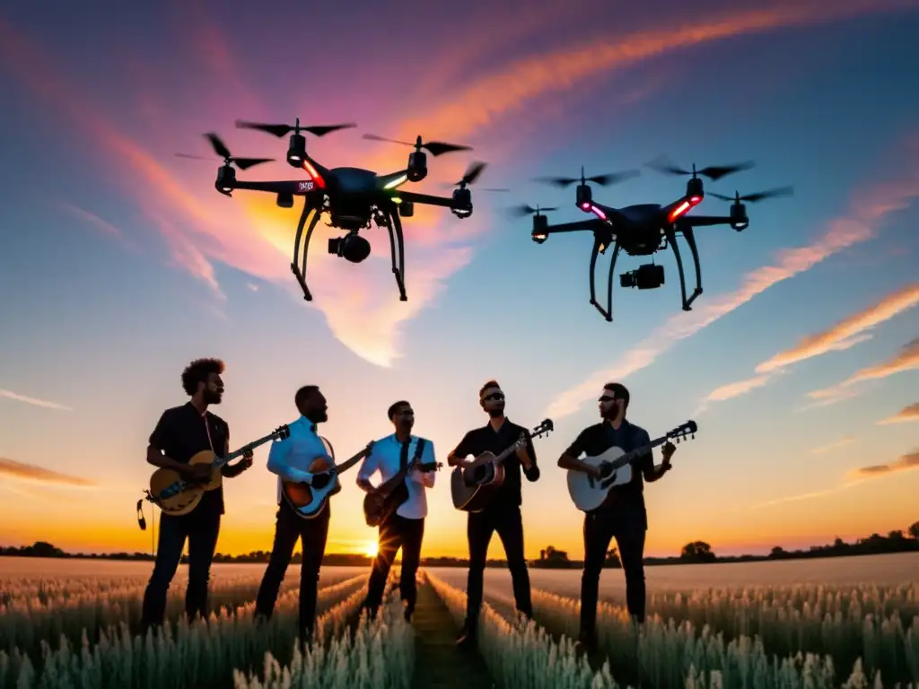 Colaboración aérea música drones: músicos y drones crean un espectáculo visual al atardecer en el campo