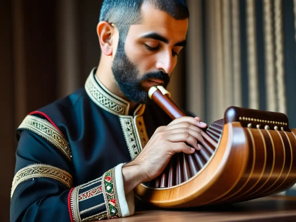 Skilled duduk armenio tradición musical étnica, músico concentrado con traje tradicional tocando con pasión