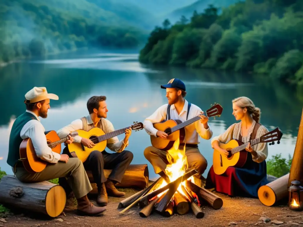 Dulcémele de los Apalaches historia: Músicos reunidos alrededor de una fogata en las montañas, tocando instrumentos tradicionales