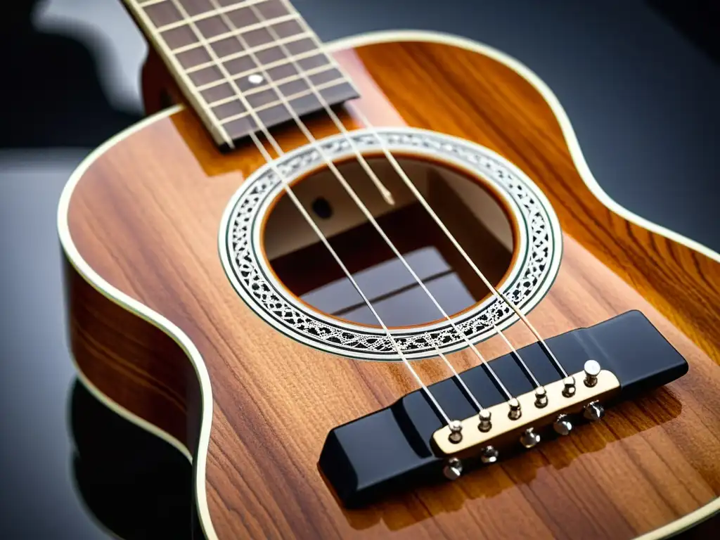 Un ukelele eléctrico artesanal destaca por su belleza y detalle, mostrando la madera, el diapasón y los detalles metálicos