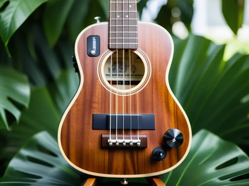 Un ukelele eléctrico moderno reposa sobre exuberante follaje tropical, resplandeciendo al sol