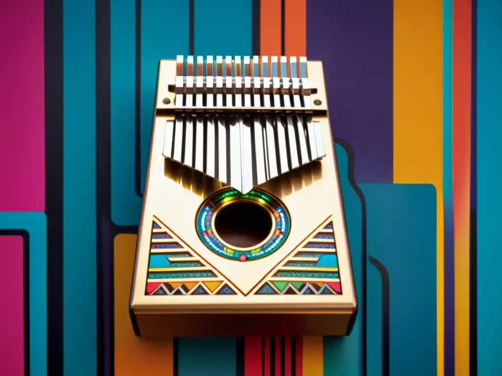 Una kalimba electrónica con diseño moderno se destaca frente a colorido arte callejero