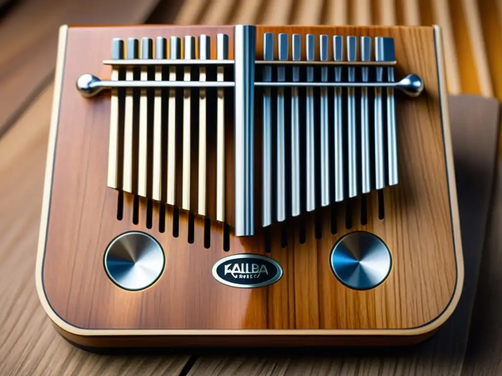 Una kalimba electrónica moderna en primer plano, con detalle de sus delicadas láminas metálicas y diseño compacto