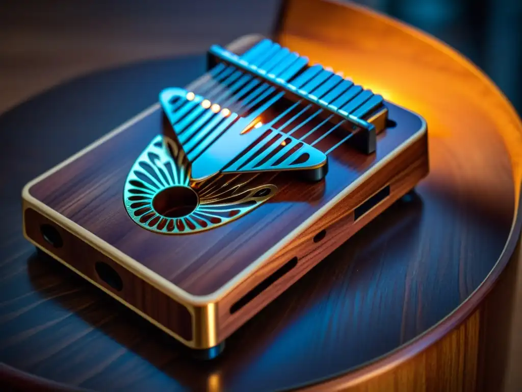 Una kalimba electrónica moderna reposa sobre una superficie de madera, resaltada por una suave luz ambiental