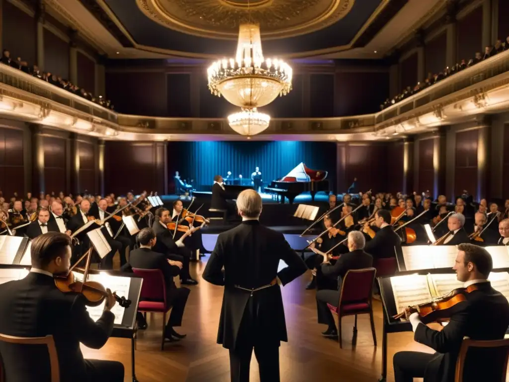 El elegante director de orquesta lidera con pasión un conjunto de instrumentos en una suntuosa sala de baile