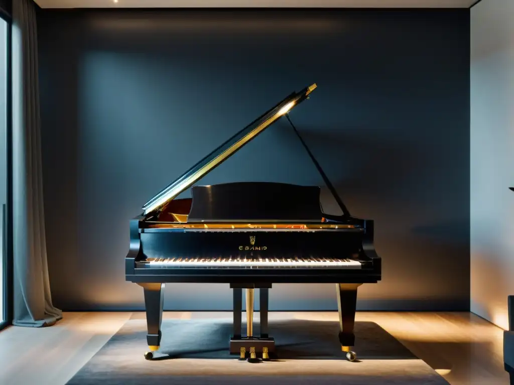 Un elegante piano de cola negro en un salón minimalista, reflejando la evolución del piano moderno en espacios contemporáneos