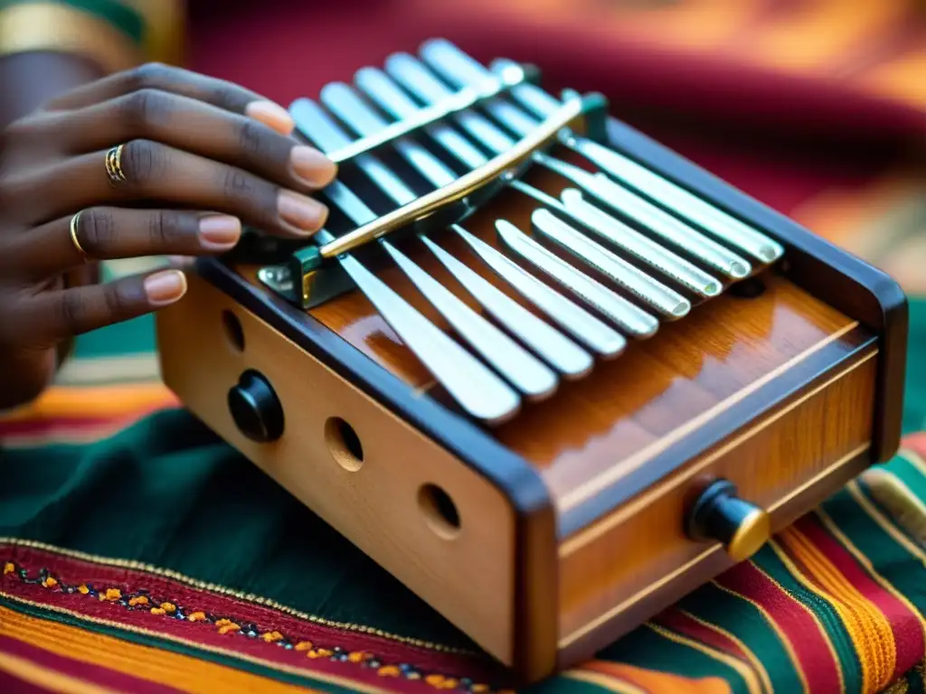 Las elegantes manos de un músico tocan con gracia una kalimba africana, creando vibraciones hipnóticas