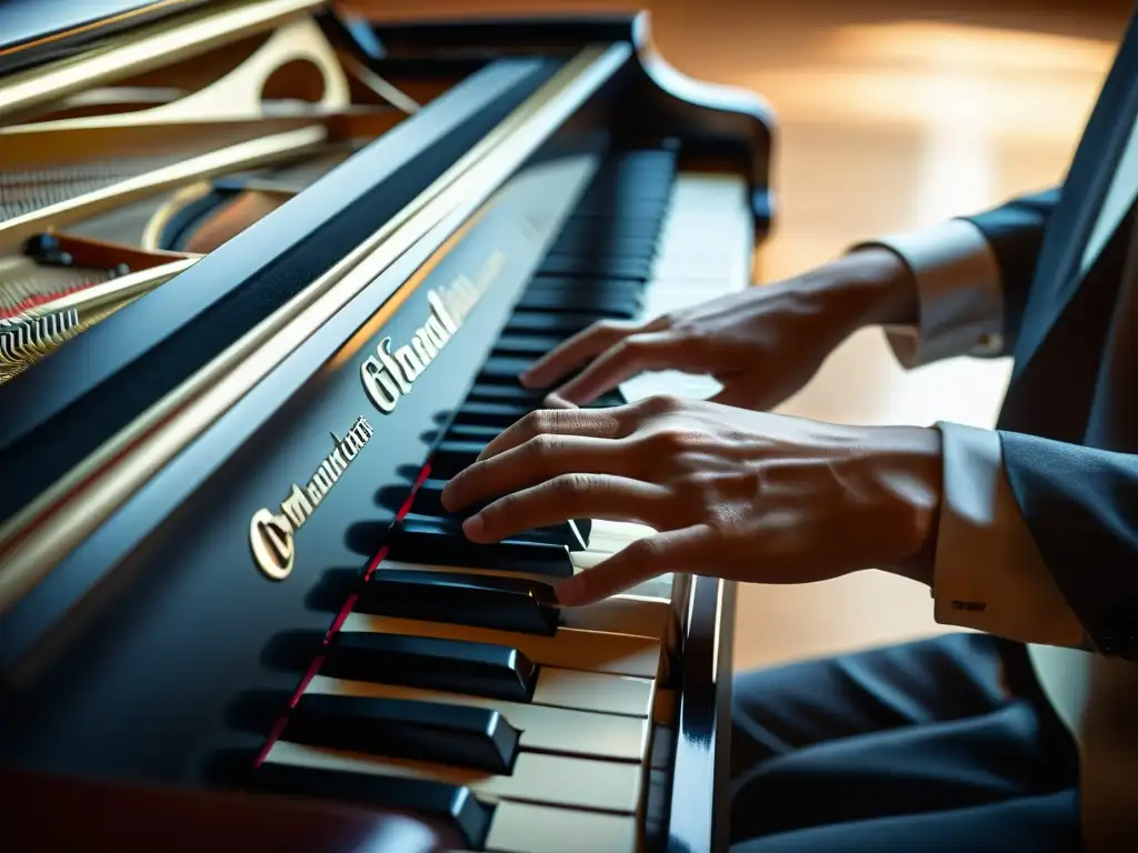 Las elegantes manos de un pianista experto recorren con gracia las teclas de un gran piano, capturando la técnica y el arte de la música de cámara