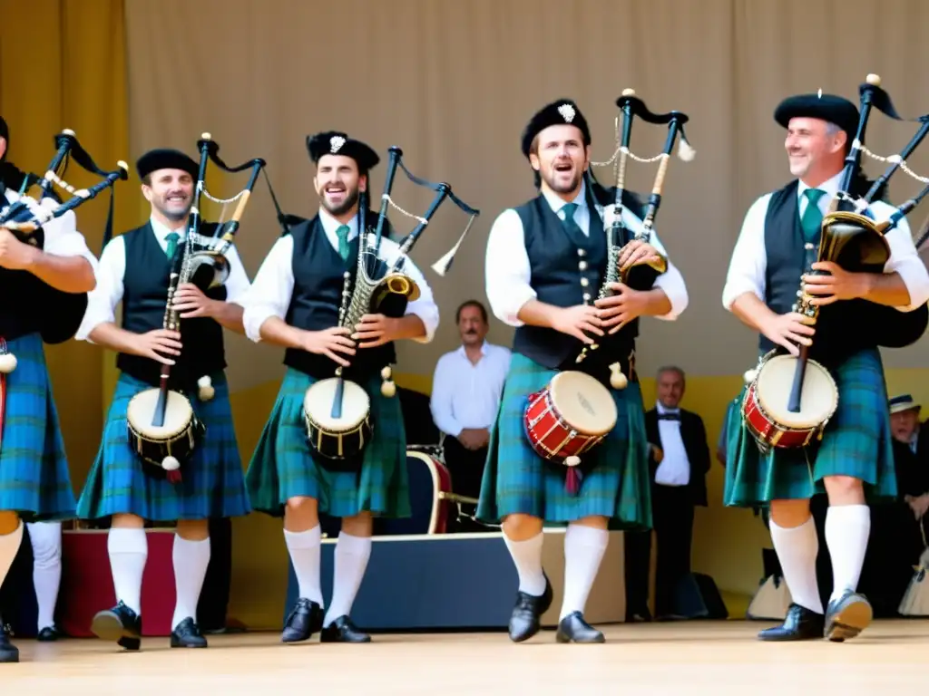 Emocionante actuación de gaiteros gallegos en el Festival de música tradicional Ortigueira, con público entregado y escenario colorido