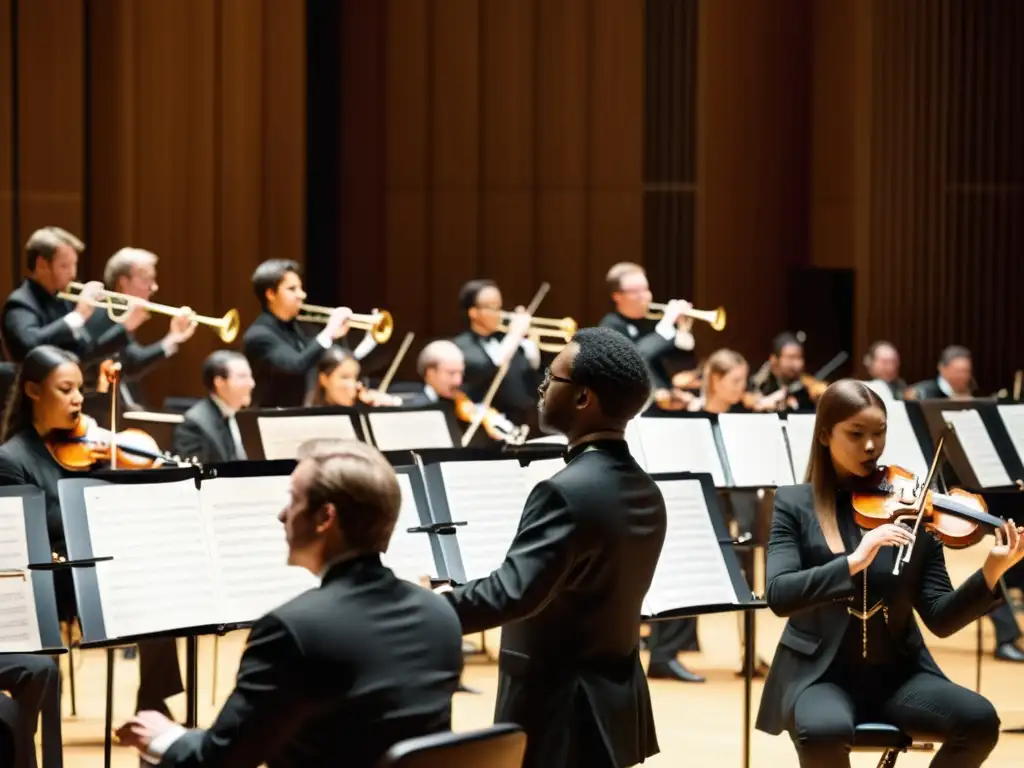 Una emocionante actuación de la orquesta sinfónica en un majestuoso teatro, destacando la sección de vientos con flautas, clarinetes, oboes y fagotes