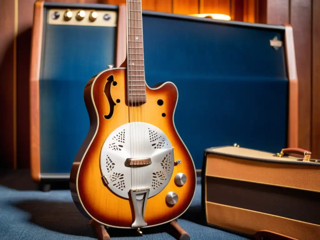 Un emocionante close-up de un dobro y lap steel guitar en un escenario de blues