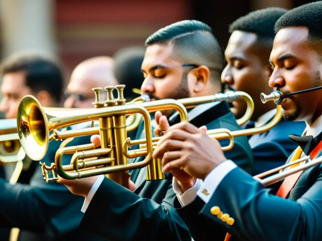 Un emocionante concierto de música latina con músicos tocando trompetas y trombones, mostrando la influencia de estos instrumentos