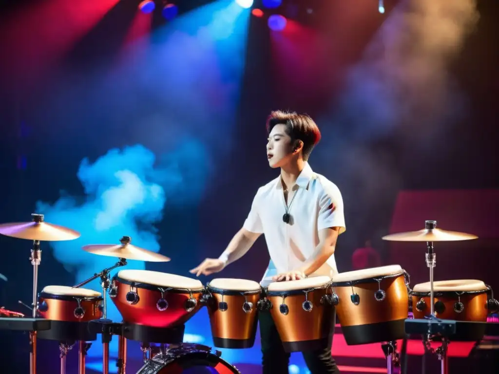 Un emocionante concierto de KPop con un percusionista mostrando técnicas modernas de percusión, rodeado de instrumentos vibrantes