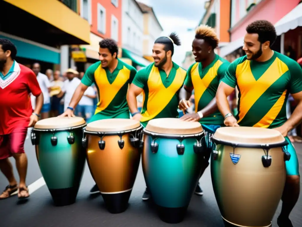 Un emocionante desfile de carnaval en Brasil con músicos tocando surdos y técnicas de samba