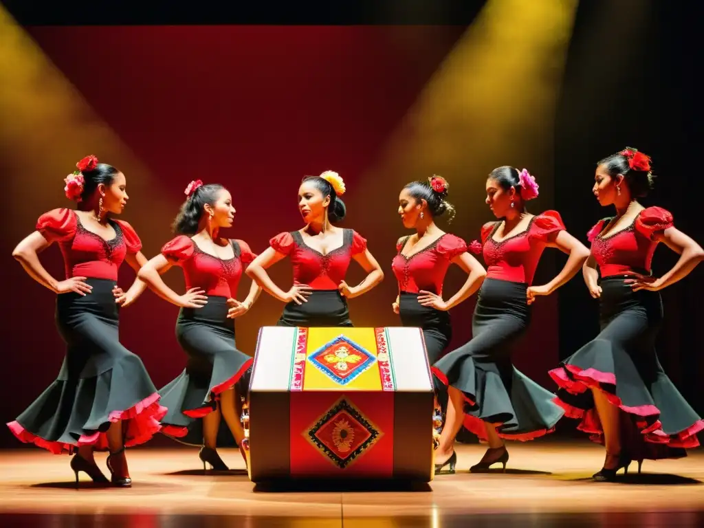 Un emocionante espectáculo de flamenco con músicos y bailarines alrededor de un cajón peruano, fusionando tradiciones en un escenario iluminado