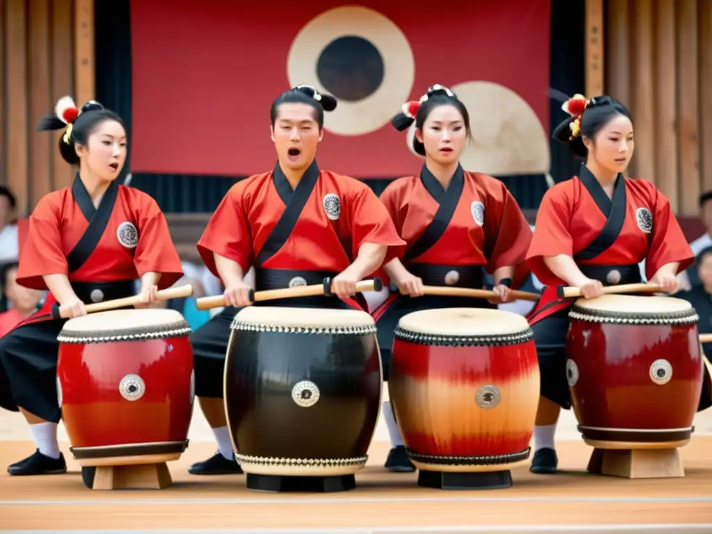 Un emocionante espectáculo de taiko japonés en un escenario tradicional, con intensidad y precisión en cada golpe