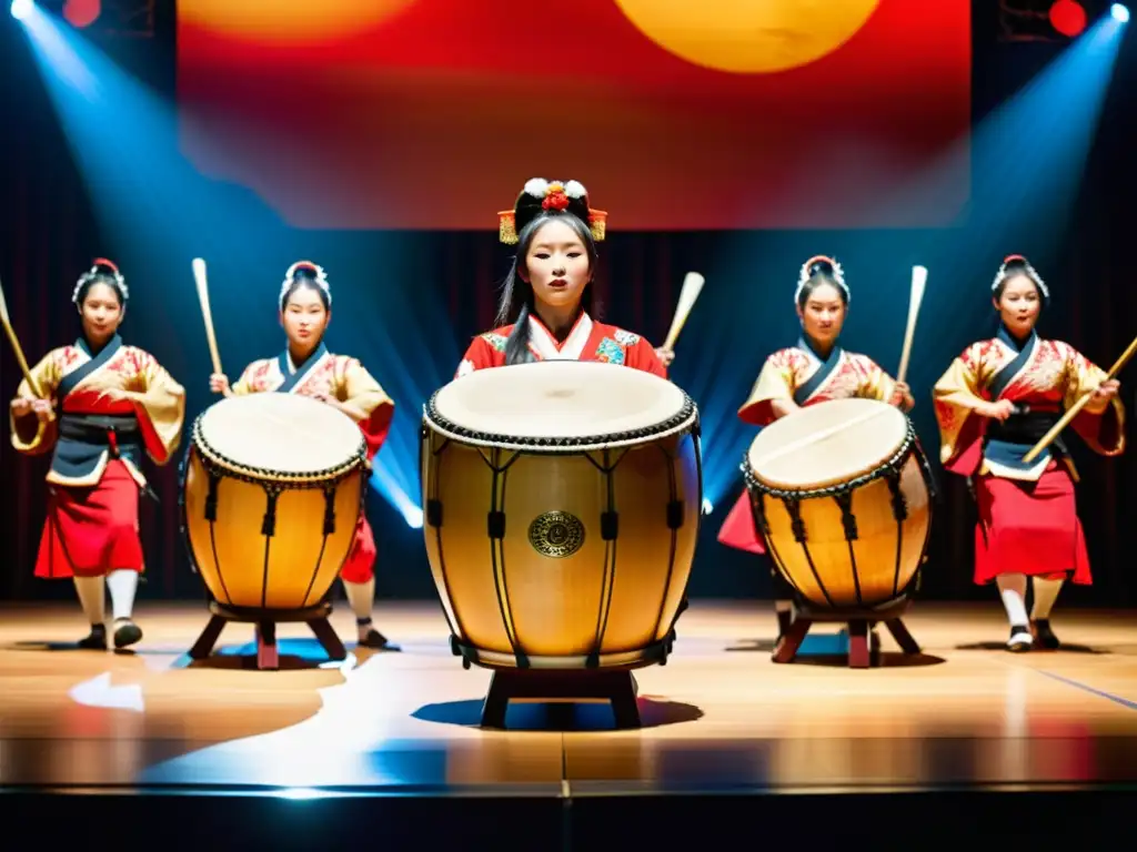 Un emocionante espectáculo de taiko japonés con movimientos dinámicos y trajes vibrantes, iluminado dramáticamente