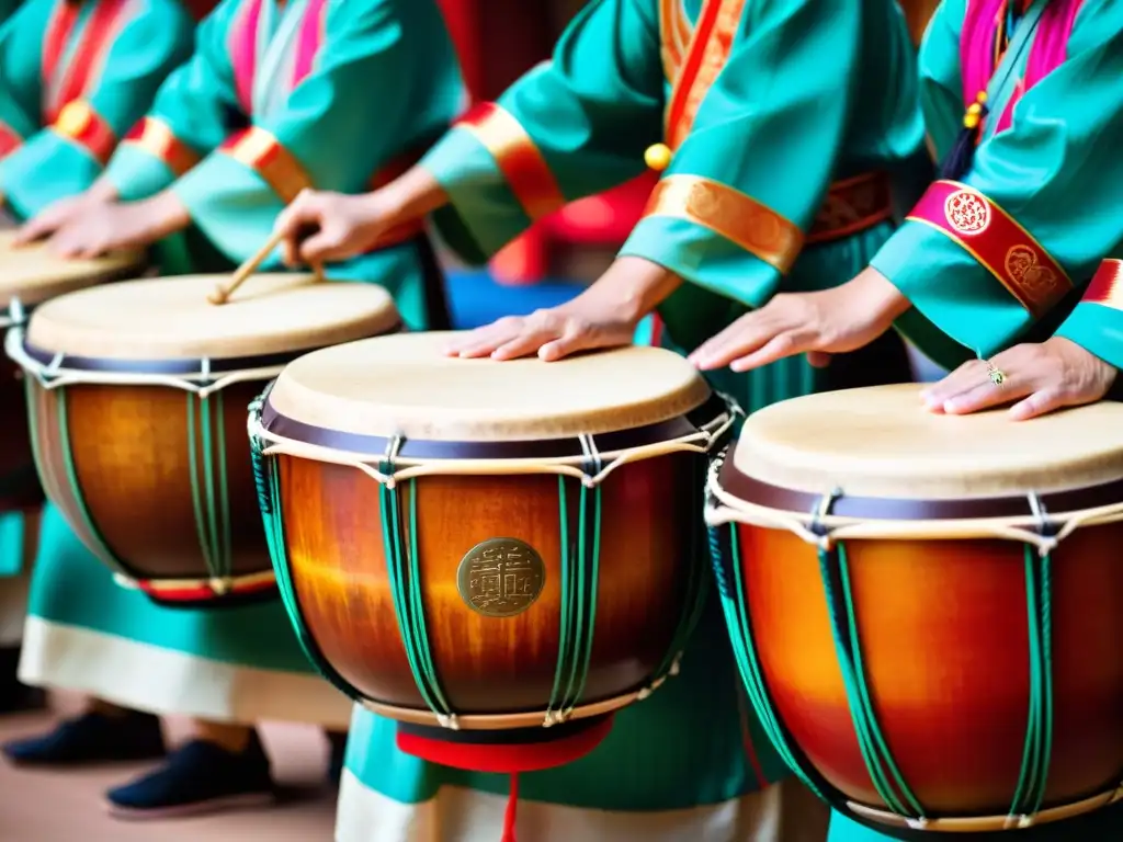 Un emocionante espectáculo de tambores Tanggu chinos, con detalles vibrantes y energía dinámica mientras los músicos los tocan con precisión