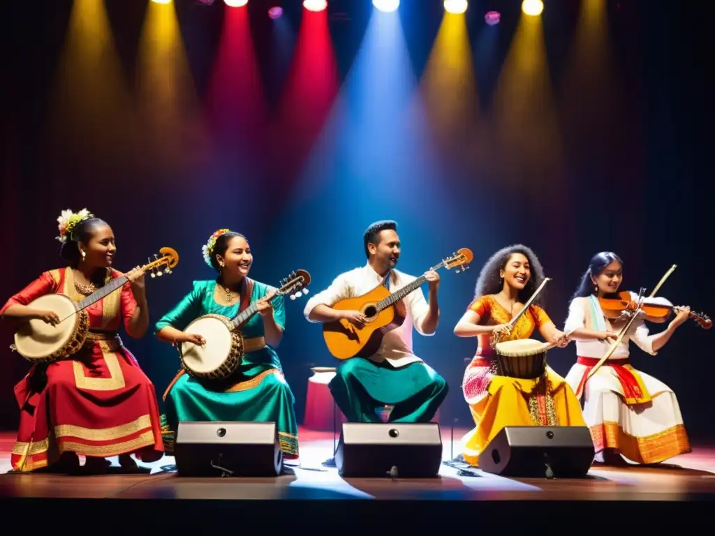 Una emocionante fusión musical como puente cultural, con músicos de diversas culturas tocando juntos en el escenario, luciendo trajes tradicionales y expresiones vibrantes, en un ambiente de unidad y conexión