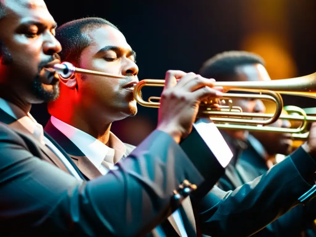 Un emocionante grupo de músicos de salsa toca trombones y trompetas en un escenario iluminado