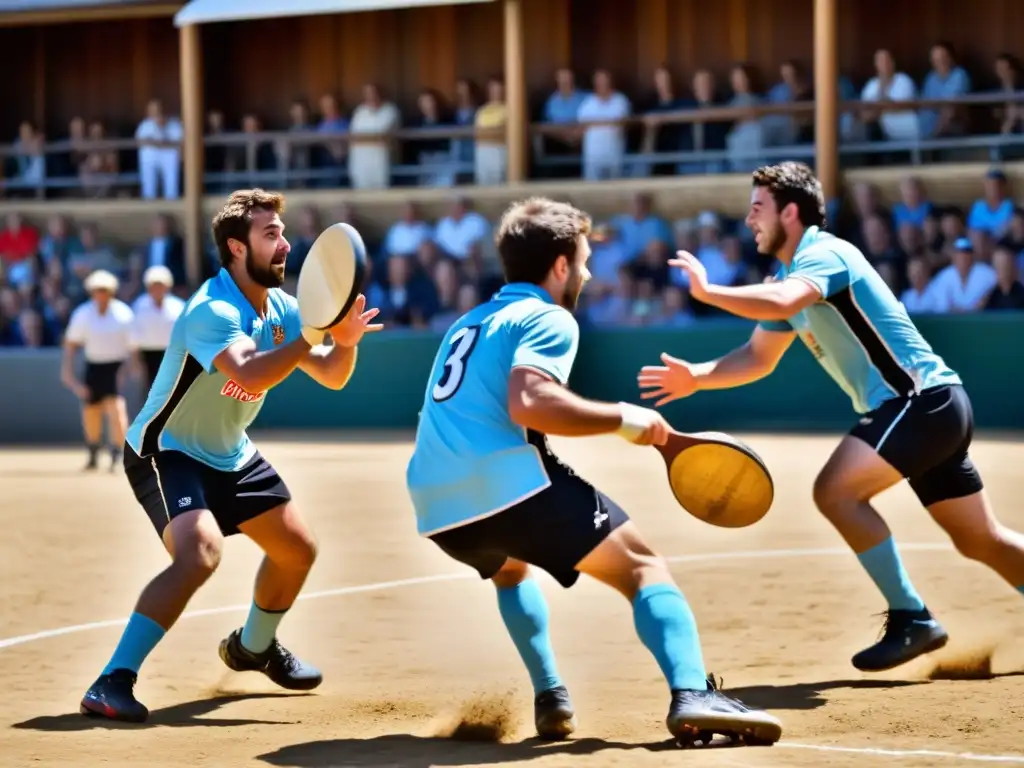 Un emocionante juego de tamburello italiano, con jugadores y espectadores vibrantes, capturando la tradición y la pasión del deporte