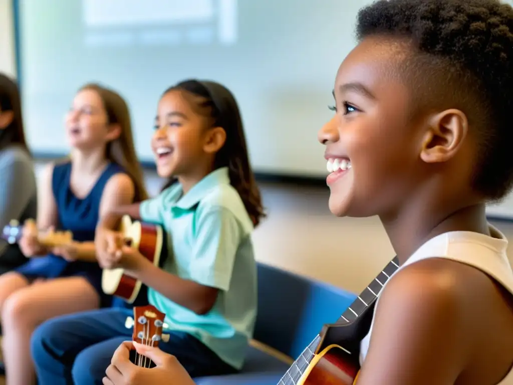 Un emocionante momento en una clase de música, donde la importancia del ukelele en educación musical se hace evidente