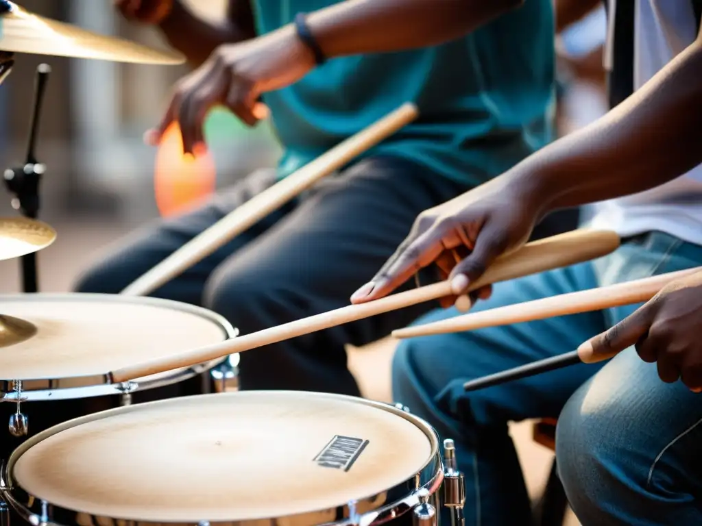 Un emocionante momento de pedagogía de la batería urbana, con un baterista hábil tocando con pasión mientras los estudiantes observan con entusiasmo