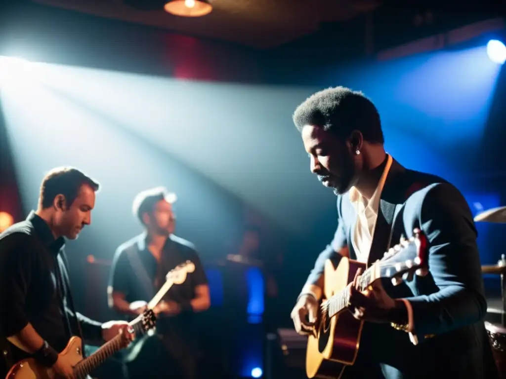 Emotiva actuación de músicos en un club de blues, con intensa conexión y camaradería