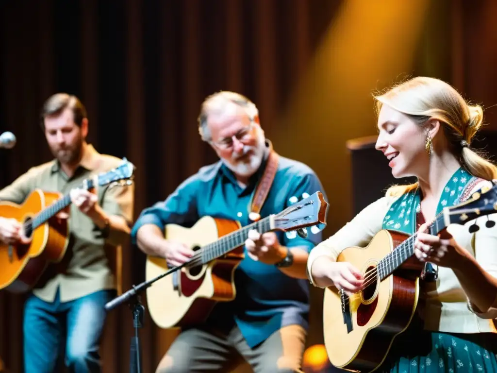 Una emotiva imagen documental en alta resolución de músicos interpretando música bluegrass en un escenario, con énfasis en el intérprete de mandolina