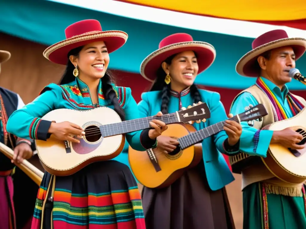 Enérgica presentación de música folclórica andina, con instrumentos tradicionales y la influencia de instrumentos extranjeros en la música