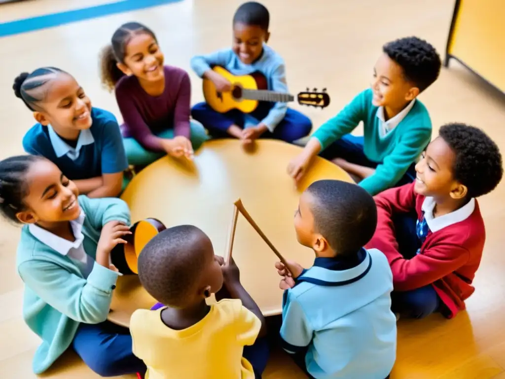 Enseñanza de música en un mundo multilingüe: Niños de diversas culturas tocan instrumentos musicales en alegre aula multicultural