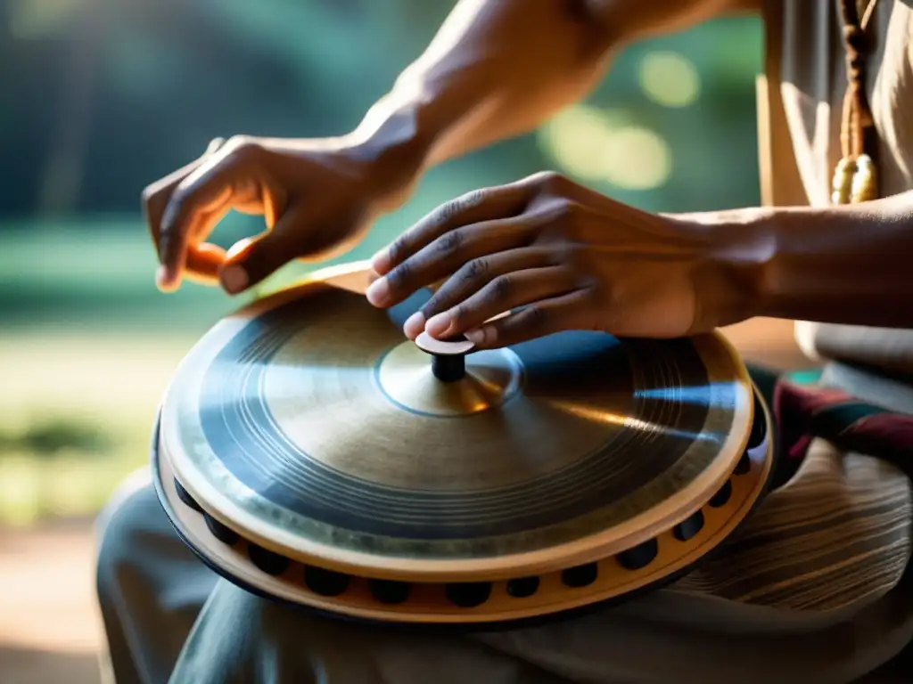 El músico toca el Hang Drum en un entorno natural sereno, con luz suave resaltando los detalles del instrumento