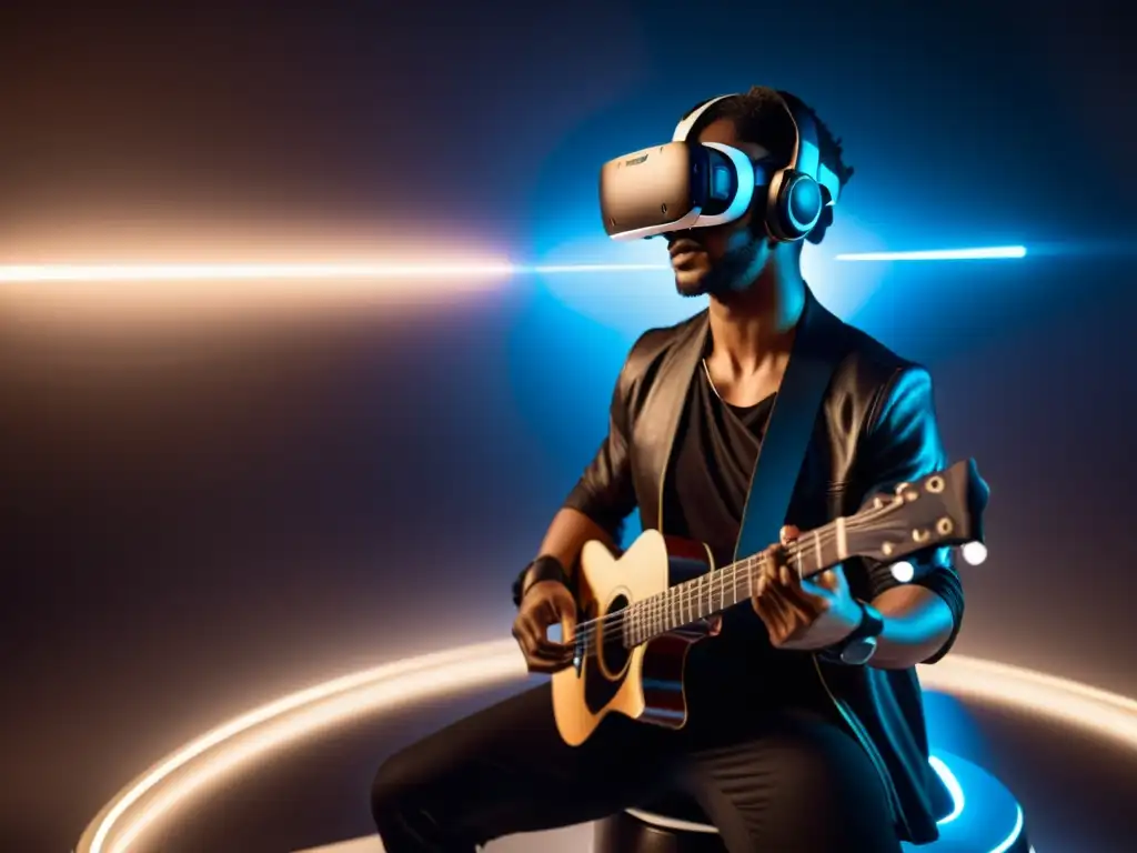 Músico en entornos musicales tridimensionales realidad virtual, manipulando instrumentos virtuales con intensidad en estudio futurista