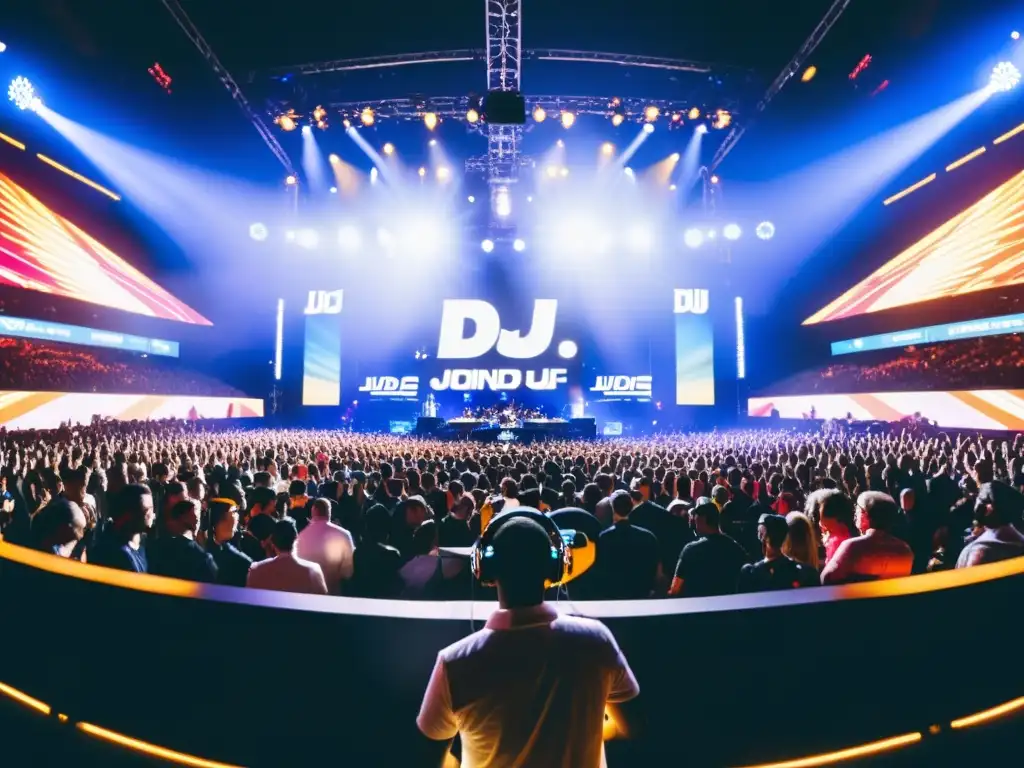 Un épico enfrentamiento de DJs globales en una arena, con energía intensa y una atmósfera vibrante de batallas de DJ globales